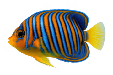 Colorful fluffy angelfish swimming with vibrant stripes