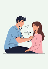 A male doctor in scrubs examining a female patient's chest with a stethoscope, with heart and heartbeat icons.