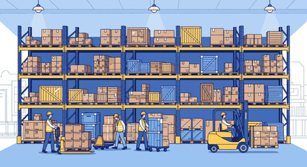 A detailed illustration of a busy warehouse interior with workers managing inventory on tall shelves.