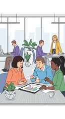 Three colleagues collaborate on a project, reviewing data on a tablet in a modern open-plan office while other employees work in the background.