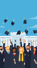 A diverse group of happy graduates celebrate their achievement by throwing caps in the air in front of a university building.