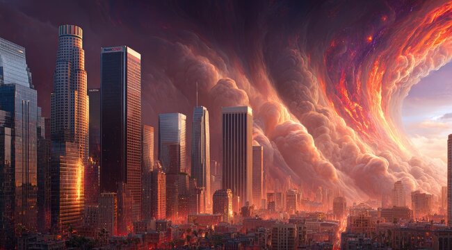Apocalyptic Cityscape with Fiery Sky and Towering Buildings. - Powered by Adobe