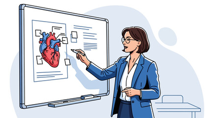 A female teacher explains human heart anatomy on a whiteboard in a classroom setting.