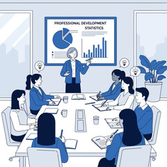 A woman presents professional development statistics to a diverse group of colleagues in a modern office meeting room, fostering ideas and collaboration.