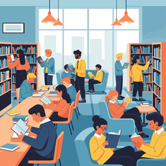 A vibrant, modern library scene filled with diverse individuals of all ages engaged in reading and browsing books among colorful shelves and comfortable seating areas.