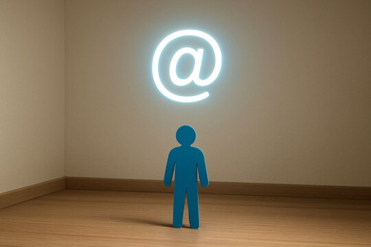 Blue Figure Under Glowing @ Symbol, Direct Online Interaction and Tagging Concept, Social Media Engagement and User Connection, Email Address and Digital Contact Symbol