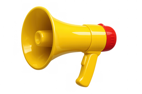 Yellow and red megaphone projecting voices, spreading information, or amplifying public speeches. Communication concept
