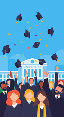 A diverse group of happy graduates celebrating their academic achievement by throwing caps in the air in front of a university building.
