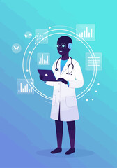 Futuristic AI doctor in lab coat with stethoscope, holding a laptop, surrounded by digital health data and technological interfaces on a blue background.