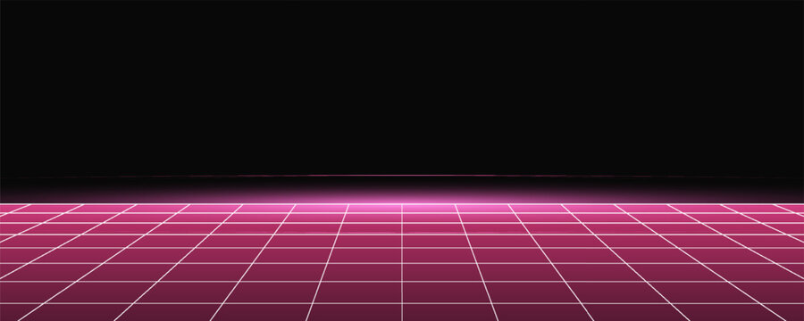 Retro cyberpunk style 80s game scene pixel art 8-bit sci-fi background. glowing neon grid and stars from vintage arcade computer games. - Powered by Adobe