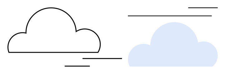Black-outlined cloud and light blue solid cloud with motion lines evoke weather, connectivity, and movement. Ideal for technology, communication, environment, weather, simplicity, innovation clean