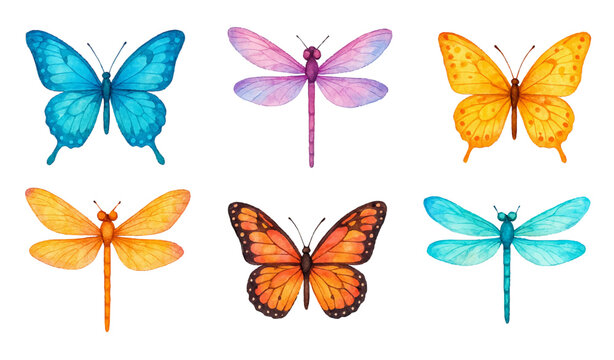 Watercolor butterflies and dragonflies set, color insect clipart collection