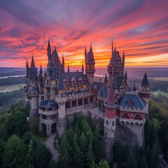 Majestic fairytale castle surrounded by forest at sunset with dramatic colorful sky, representing fantasy architecture, romance, history, and magical travel destination in Europe’s scenic landscape