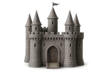 Medieval stone castle fortress with drawbridge and towers