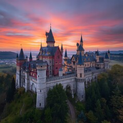 Majestic fairytale castle surrounded by forest at sunset with dramatic colorful sky, representing fantasy architecture, romance, history, and magical travel destination in Europe’s scenic landscape
