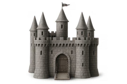 Medieval stone castle fortress with drawbridge and towers