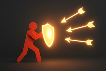 Figure with Glowing Shield Deflecting Cyber Arrows, Cyber Security and Data Protection Strategy, Defense Against Digital Attacks, Online Security, Protection from Hacking and Malware