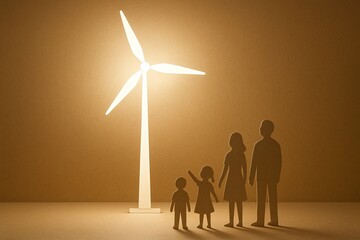 Family Figures Looking Up at Glowing Wind Turbine, Clean Energy and Environmental Sustainability Concept, Green Future, Family's Hope for Clean Power Generation