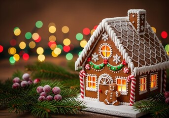 Festive gingerbread house with Christmas lights and holiday decorations