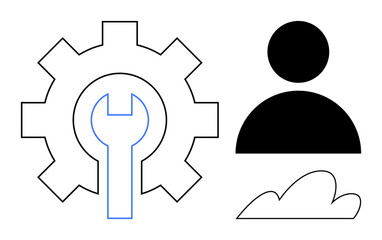 Black user silhouette alongside a gear and wrench outline with a cloud icon. Ideal for technology, cloud computing, software development, engineering, tools, user management, simple flat metaphor