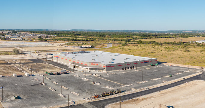 Liberty Hill, TX - 19 October 2025: Construction of new Costco wholesale store in rapidly growing northern Austin residential area Texas