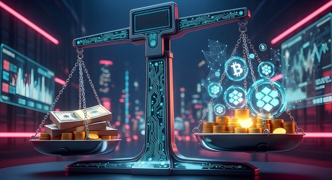 A giant digital balance scale comparing traditional cash and futuristic cryptocurrency, symbolizing the evolution of global finance and digital economy. - Powered by Adobe