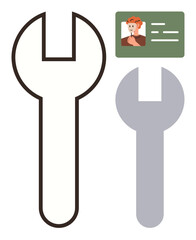 Large outlined wrench, smaller solid wrench, identity badge with a smiling character. Ideal for repair, maintenance, tools, skill, labor ID customization themes. Simple flat metaphor