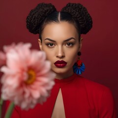 Elegant portrait of a confident woman in a bold red outfit, wearing statement earrings and dark lipstick, with a blurred flower in the foreground, symbolizing power, beauty, and modern femininity