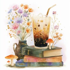 Aesthetic watercolor iced coffee with books, mushrooms and wildflowers illustration