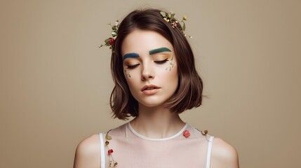 Dreamy portrait of a young woman with soft pastel makeup, delicate green eyebrows, and floral decorations on her face and hair, symbolizing natural beauty, freshness, and artistic elegance in minimali