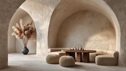 Cozy interior lounge with arched walls and plush seating.