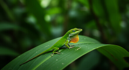 Fototapeta premium Green Anole on Leaf - Anolis carolinensis