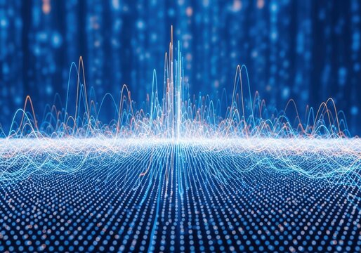 Abstract digital data visualization with glowing lines and dots on blue background