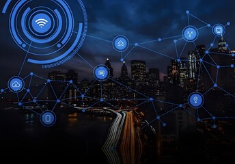 Dynamic digital network overlaying a modern smart city at night, illustrating advanced technological connectivity, urban infrastructure, and the Internet of Things concept