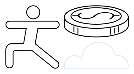 Human figure in a yoga warrior pose next to a large coin and a cloud outline. Ideal for wellness, balance, finance, opportunity, mindfulness, growth, and prosperity concepts. Simple flat metaphor