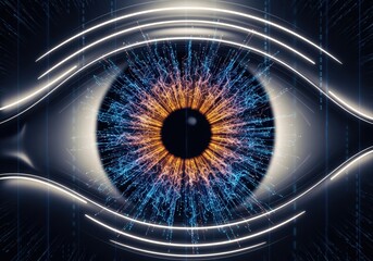 Abstract digital eye with data streams and glowing lines
