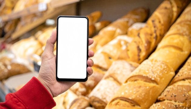 Hand holding a blank smartphone screen with freshly baked bread in the background. The blank screen provides space for customization, like a food app for a bakery.
