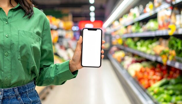 A person in a green shirt holding a smartphone with a blank screen in a well-stocked grocery store aisle