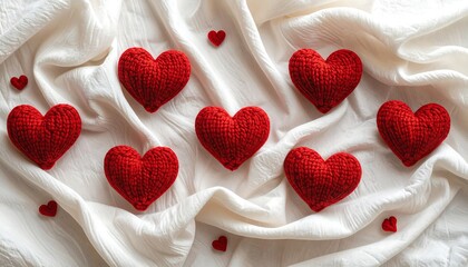 Arranged knit red hearts on draped white fabric, romantic composition