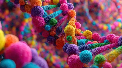 Colorful spherical DNA strand with vibrant and diverse particles.
