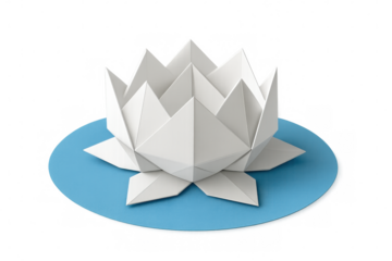 White origami lotus flower floating on blue paper disc representing tranquility, purity, and meditation with transparent background
