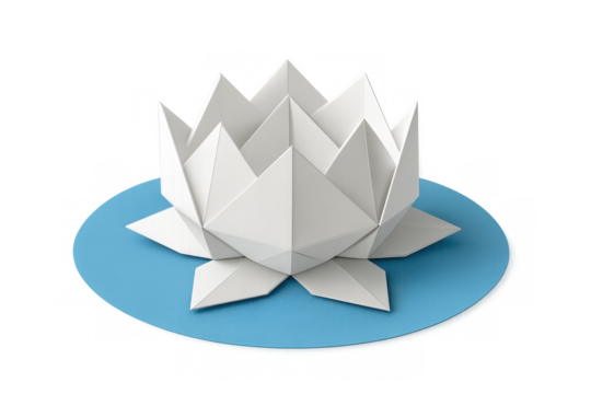 White origami lotus flower floating on blue paper disc representing tranquility, purity, and meditation with transparent background