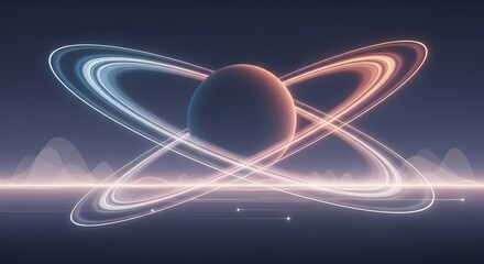 Abstract glowing luminous rings orbiting a dark planet with a subtle mountain landscape in the background
