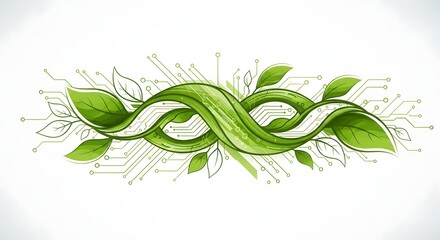 Green dna double helix intertwined with organic leaves and abstract digital circuit board patterns symbolizing biotechnology