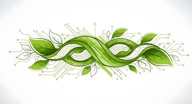 Green dna double helix intertwined with organic leaves and abstract digital circuit board patterns symbolizing biotechnology