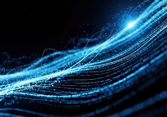 Abstract digital data flow with glowing particles and lines on black background