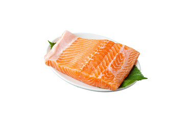 Salmon fillet on white plate in png file png 파일의 흰색접시 위에 있는 연어 필렛