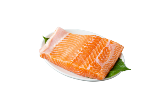 Salmon fillet on white plate in png file png 파일의 흰색접시 위에 있는 연어 필렛 - Powered by Adobe