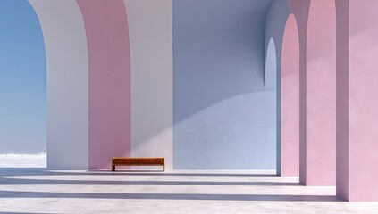 Minimalist interior with arched doorways and solitary wooden bench.