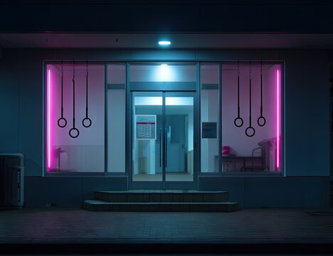Illuminated gym entrance with hanging rings and neon lights at night. - Powered by Adobe
